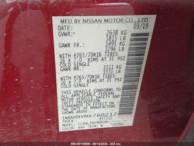 Nissan Frontier Sv 2019 1N6AD0EV9KN760217 Image 9