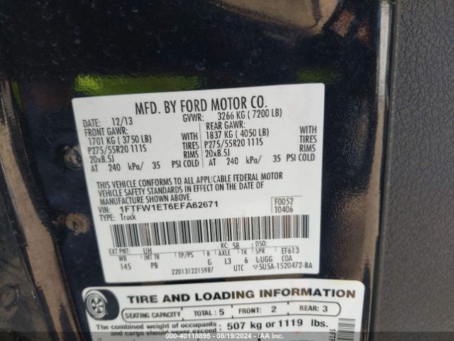 1FTFW1ET6EFA62671 Ford F-150 Platinum