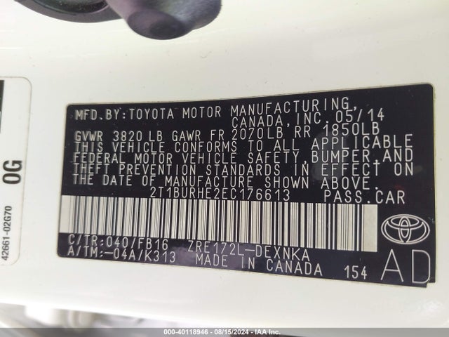 Toyota COROLLA LE 2014 2T1BURHE2EC176613 Image 9