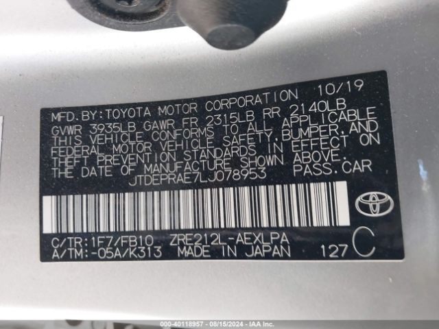 JTDEPRAE7LJ078953 Toyota COROLLA LE