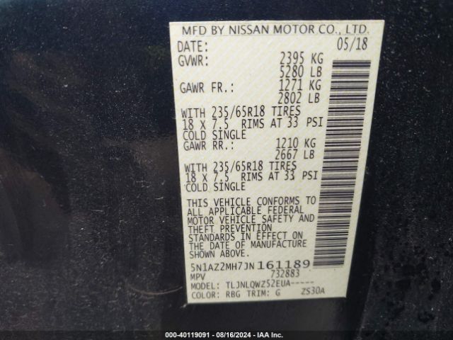 5N1AZ2MH7JN161189 Nissan MURANO SV