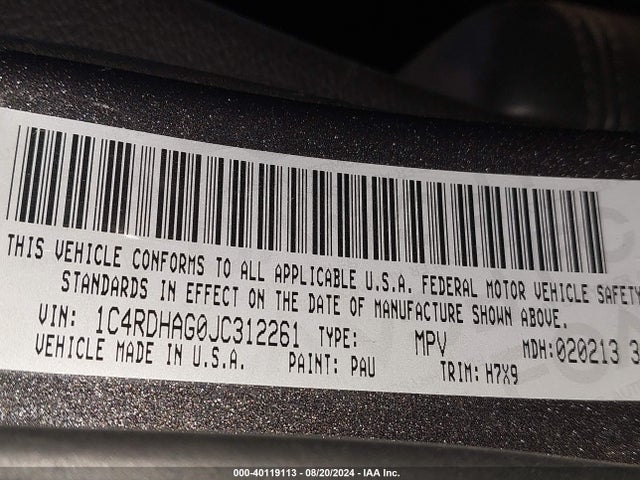 1C4RDHAG0JC312261 Dodge Durango Sxt Rwd