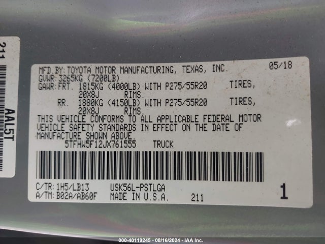 5TFHW5F12JX761555 Toyota Tundra Limited 5.7l V8