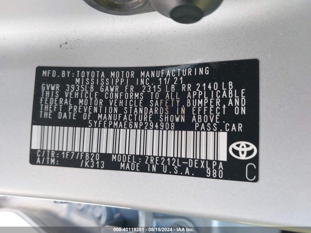 Toyota COROLLA LE 2022 5YFEPMAE6NP294908 Image 9