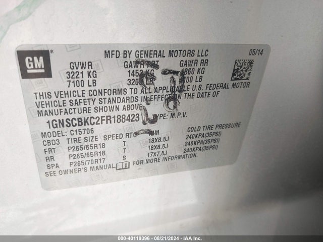 Chevrolet Tahoe Lt 2015 1GNSCBKC2FR188423 Image 9