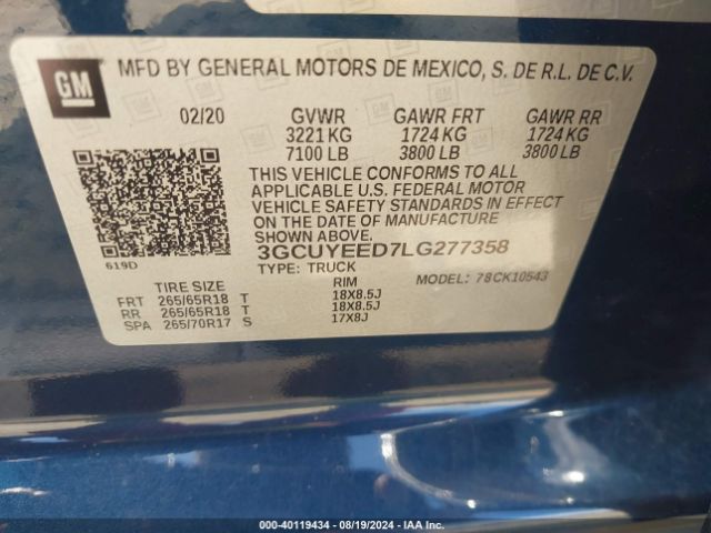 3GCUYEED7LG277358 Chevrolet Silverado 1500 4wd  Short Bed Rst