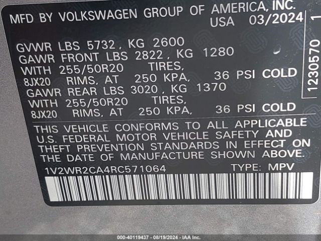1V2WR2CA4RC571064 Volkswagen Atlas 2.0t Se W/technology