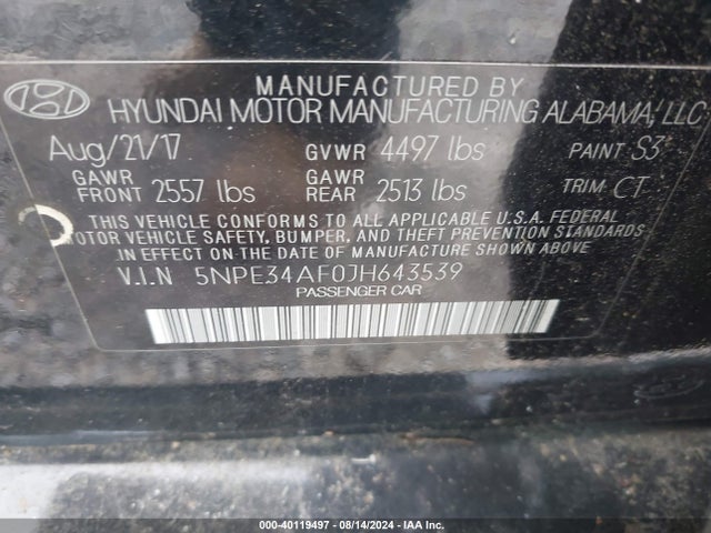 Hyundai Sonata Limited 2018 5NPE34AF0JH643539 Image 9