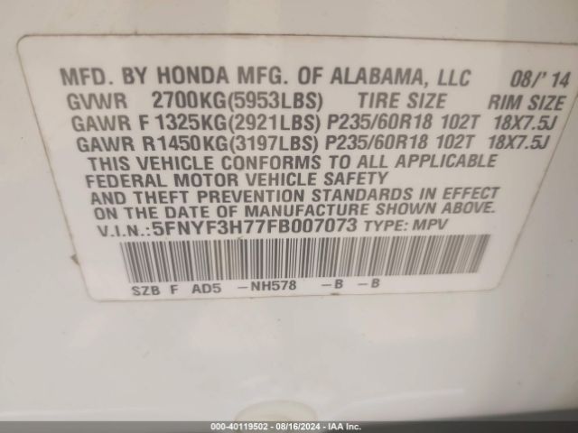 5FNYF3H77FB007073 Honda Pilot Ex-l