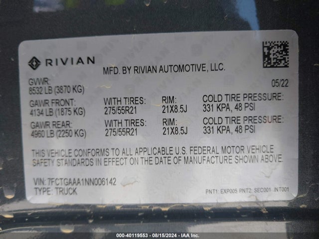 Rivian R1t Adventure 2022 7FCTGAAA1NN006142 Image 9