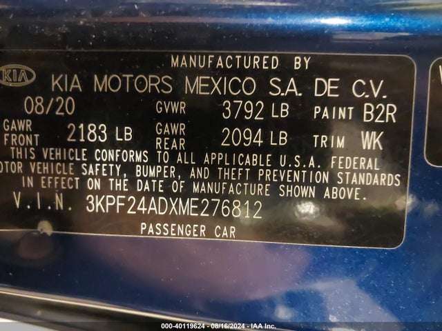 3KPF24ADXME276812 KIA Forte Lxs