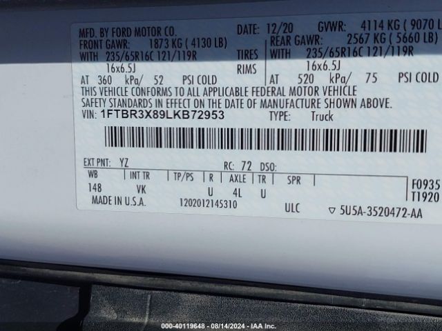 1FTBR3X89LKB72953 Ford Transit-250 Cargo Van