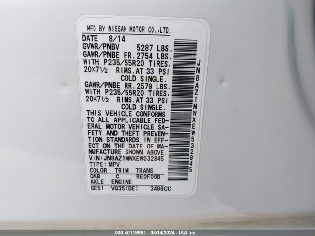Nissan Murano Le 2014 JN8AZ1MWXEW532945 Image 9