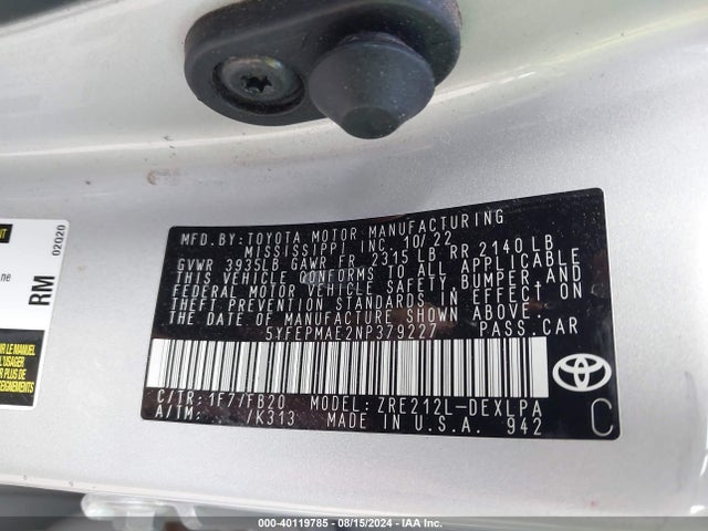 Toyota COROLLA LE 2022 5YFEPMAE2NP379227 Image 9