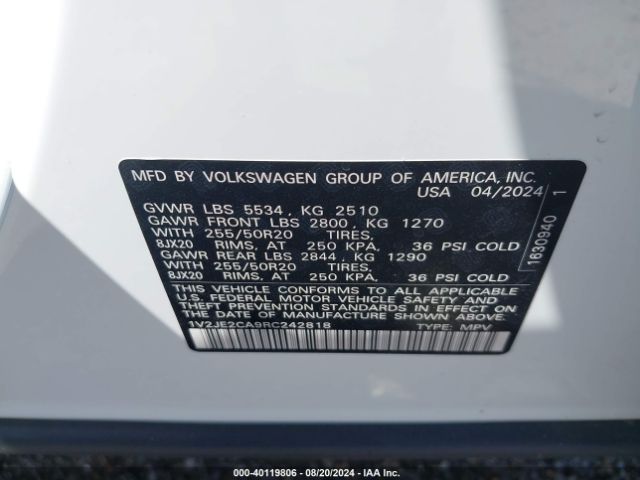 1V2JE2CA9RC242818 Volkswagen Atlas Cross Sport 2.0t Se W/technology