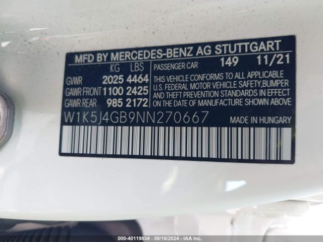 W1K5J4GB9NN270667 Mercedes-Benz Cla 250 Coupe