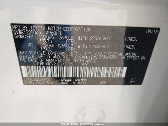 JTMRJREV2JD243705 Toyota Rav4 Hybrid Xle