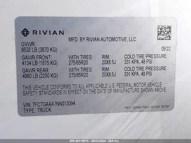 Rivian R1t Adventure 2022 7FCTGAAA7NN013094 Image 9