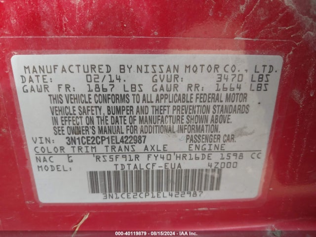 Nissan Versa Note S (sr) 2014 3N1CE2CP1EL422987 Image 9