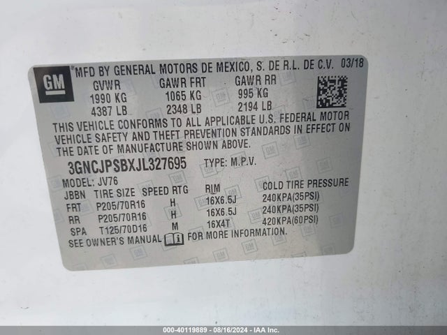 Chevrolet Trax Lt 2018 3GNCJPSBXJL327695 Image 9