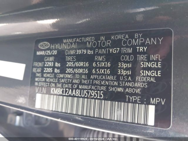 KM8K12AA8LU579515 Hyundai Kona Se