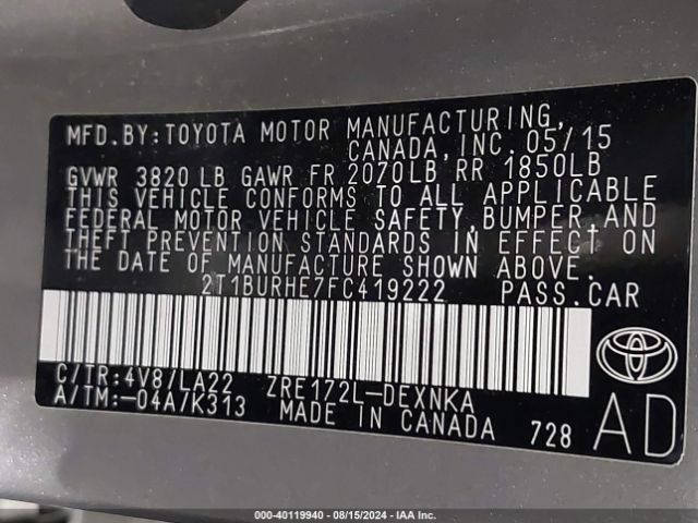 2T1BURHE7FC419222 Toyota Corolla Le Premium