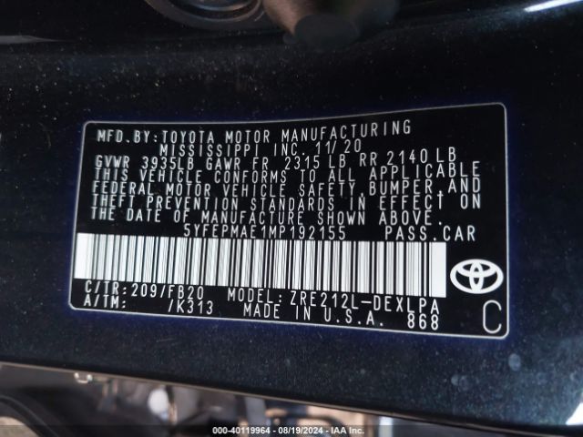 2021 TOYOTA COROLLA 5YFEPMAE1MP192155 Photo 8