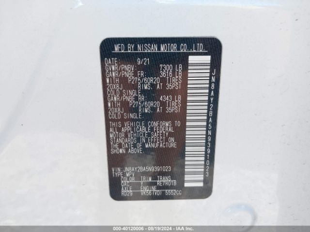 JN8AY2BA5N9391023 Nissan Armada Sl 2wd