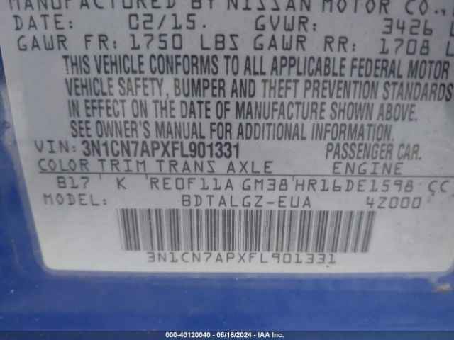 3N1CN7APXFL901331 Nissan Versa 1.6 Sl