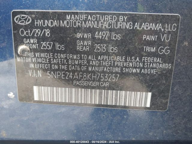 5NPE24AF8KH753257 Hyundai SONATA SE