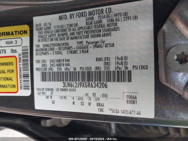 3LN6L2J9XGR634206 Lincoln MKZ