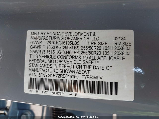 Honda Pilot Awd Touring 2024 5FNYG1H72RB046160 Image 9