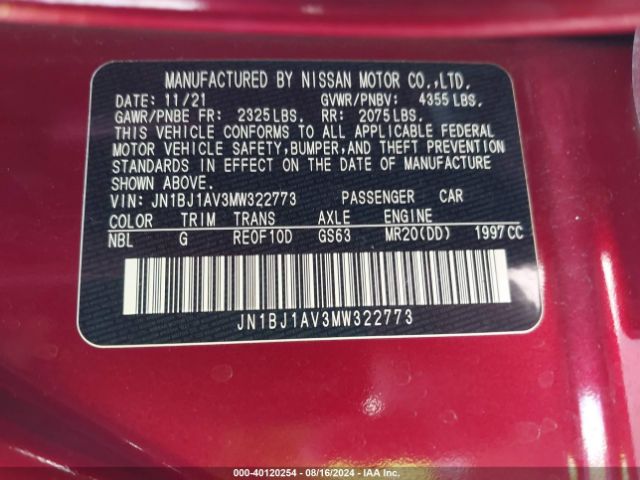JN1BJ1AV3MW322773 Nissan Rogue Sport S Fwd Xtronic Cvt