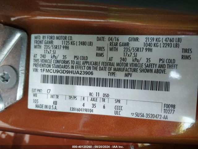 1FMCU9GD9HUA23906 Ford ESCAPE SE