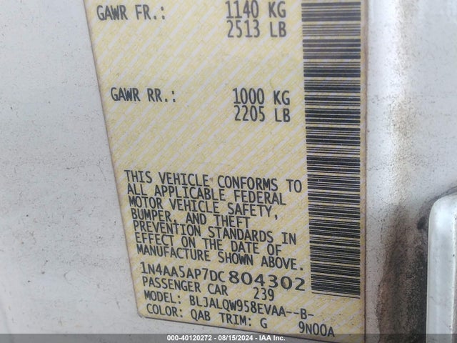 40120272 :رقم المزاد ، 1N4AA5AP7DC804302 vin ، 2013 Nissan Maxima 3.5 S مزاد بيع