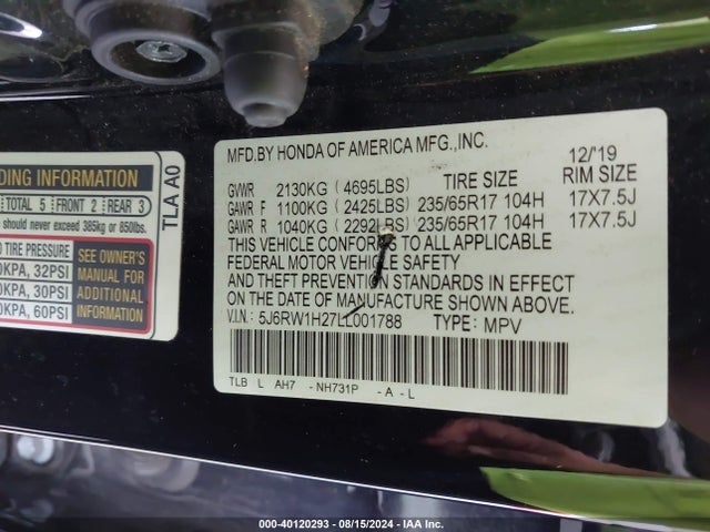 Honda Cr-v 2wd Lx 2020 5J6RW1H27LL001788 Image 9