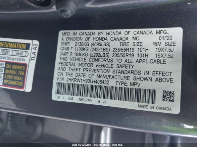 2HKRW1H90LH406432 Honda Cr-v 2wd Touring