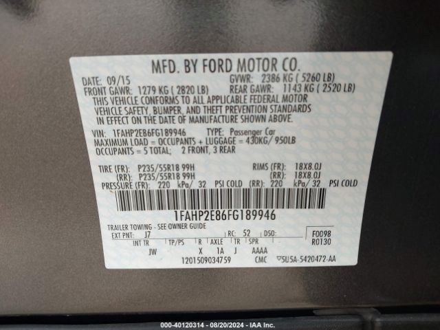 1FAHP2E86FG189946 Ford TAURUS SEL