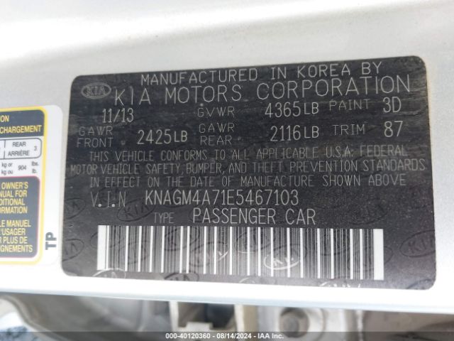 KNAGM4A71E5467103 KIA Optima Lx