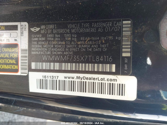 2007 MINI COOPER S WMWMF735X7TL84116 Photo 8