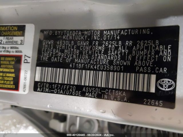 4T1BF1FK4EU358901 Toyota CAMRY SE
