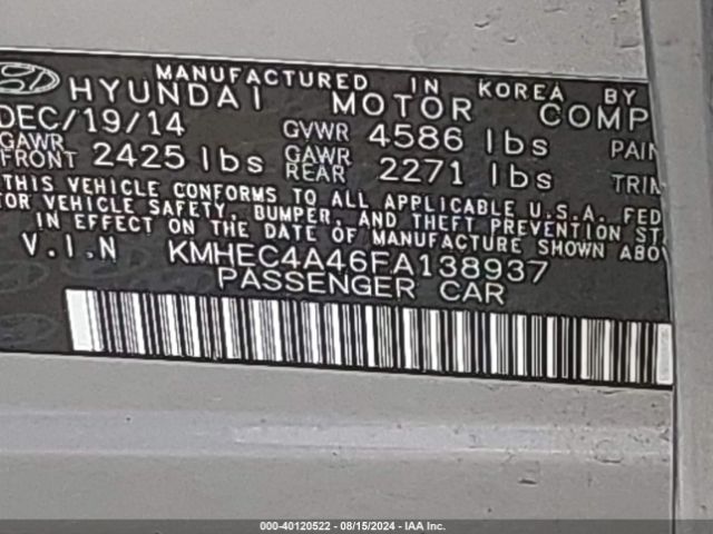 KMHEC4A46FA138937 Hyundai SONATA HYBRID