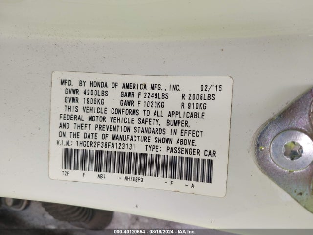 Honda ACCORD LX 2015 1HGCR2F38FA123131 Image 9