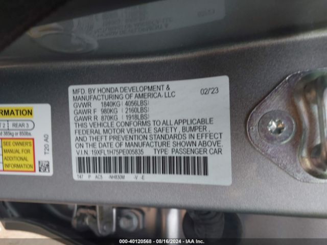 19XFL1H75PE005835 Honda Civic Ex-l /ex-l W/o Bsi