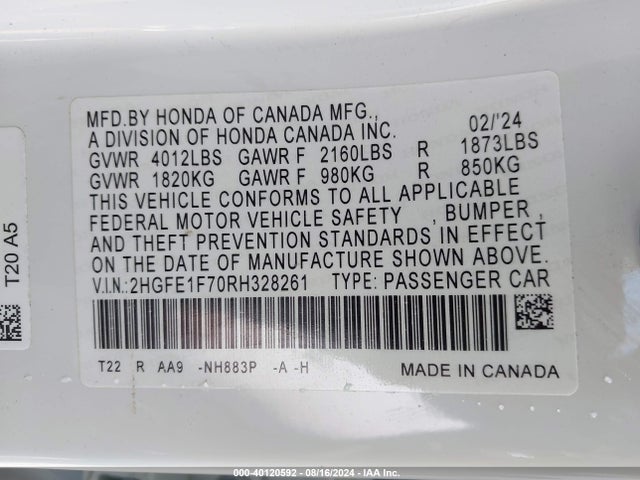 Honda CIVIC EX 2024 2HGFE1F70RH328261 Image 9