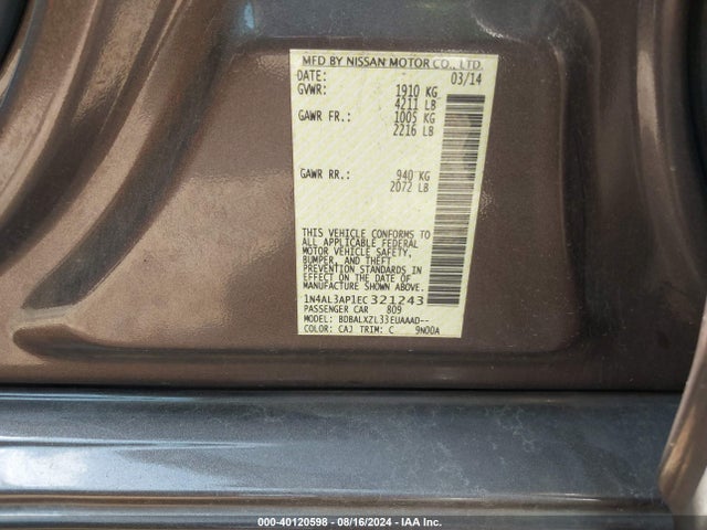 Nissan Altima 2.5 Sl 2014 1N4AL3AP1EC321243 Image 9