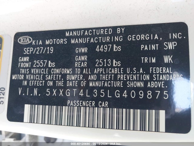 KIA Optima Lx 2020 5XXGT4L35LG409875 Image 9