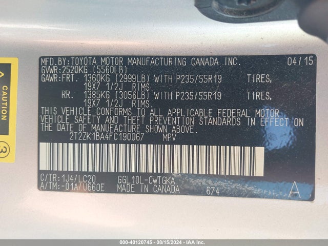Lexus RX 350 2015 2T2ZK1BA4FC190067 Image 9