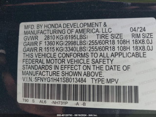 5FNYG1H41SB013484 Honda Pilot Awd Ex-l
