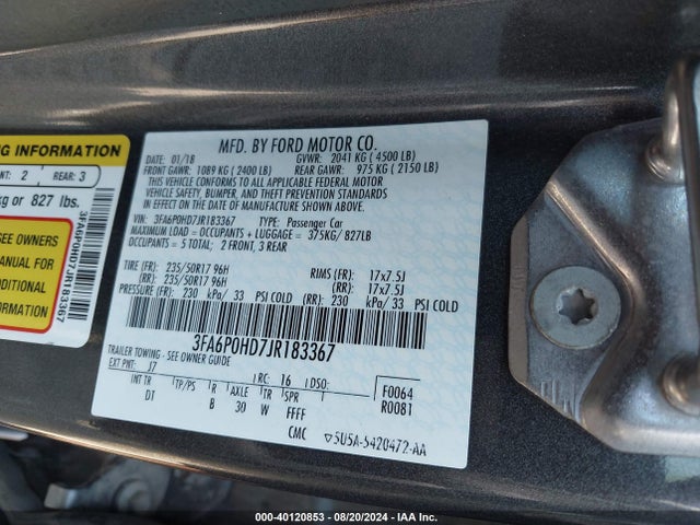 Ford FUSION SE 2018 3FA6P0HD7JR183367 Image 9